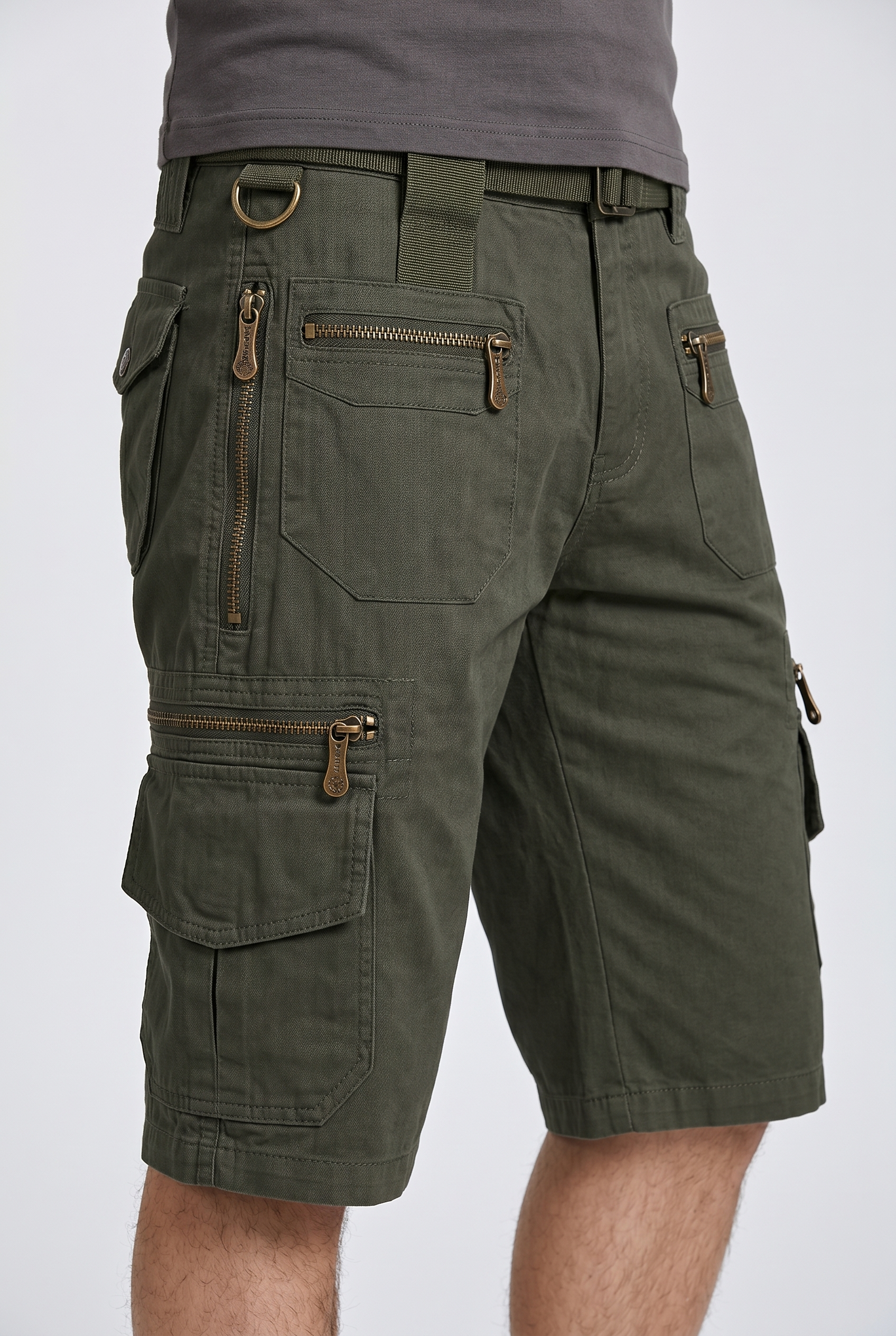 Olive cargo shorts with multi-pockets, lower-body view