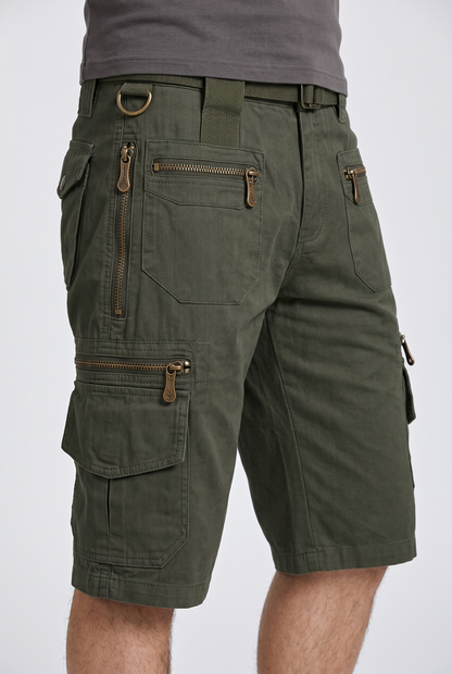 Olive cargo shorts with multi-pockets, lower-body view