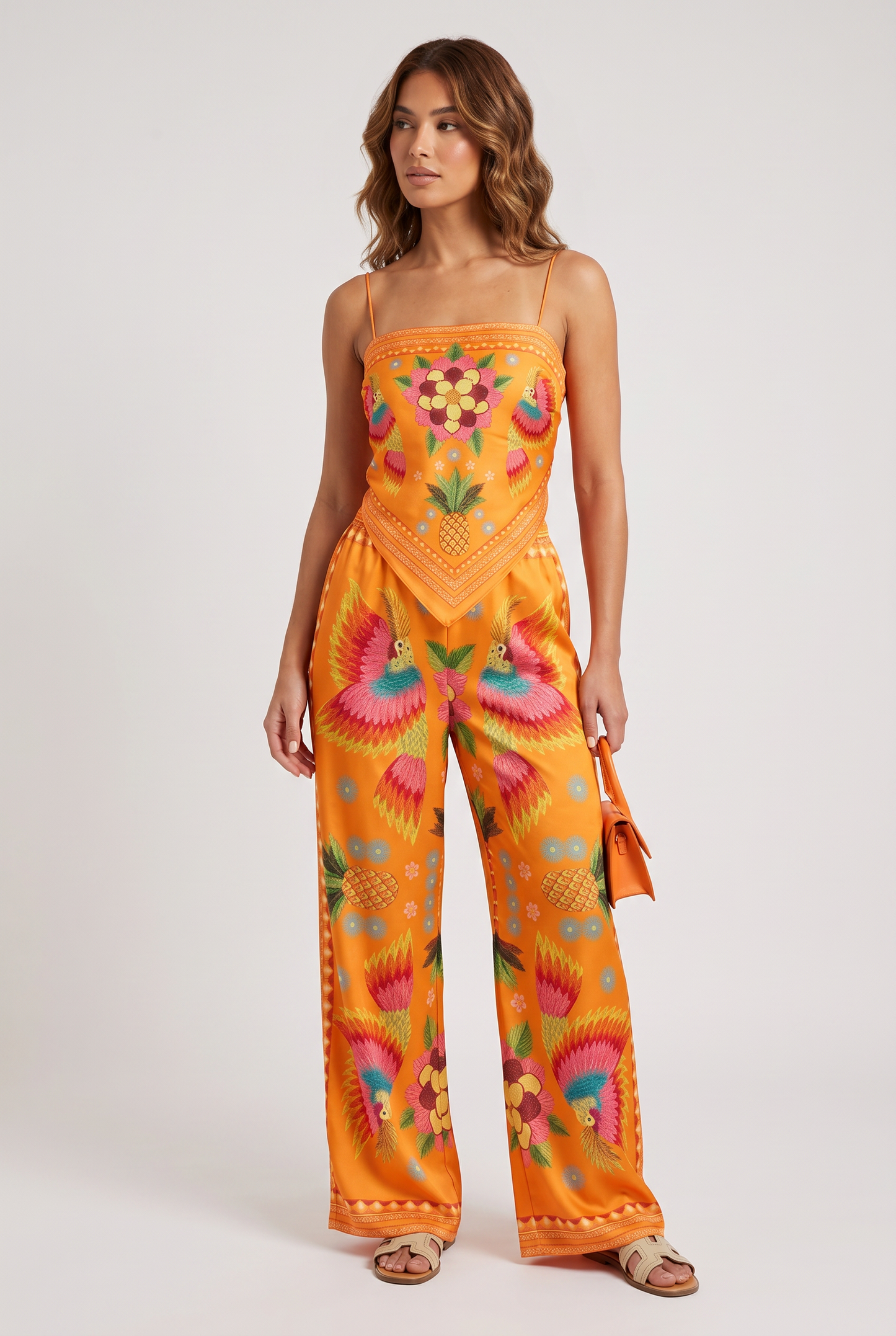 Set Women - Satin Tropical Print Co-Ord with Wide Leg