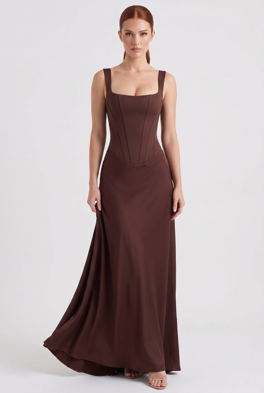 Maxi Dress Women - Corset Bodice Dress with Square Neckline