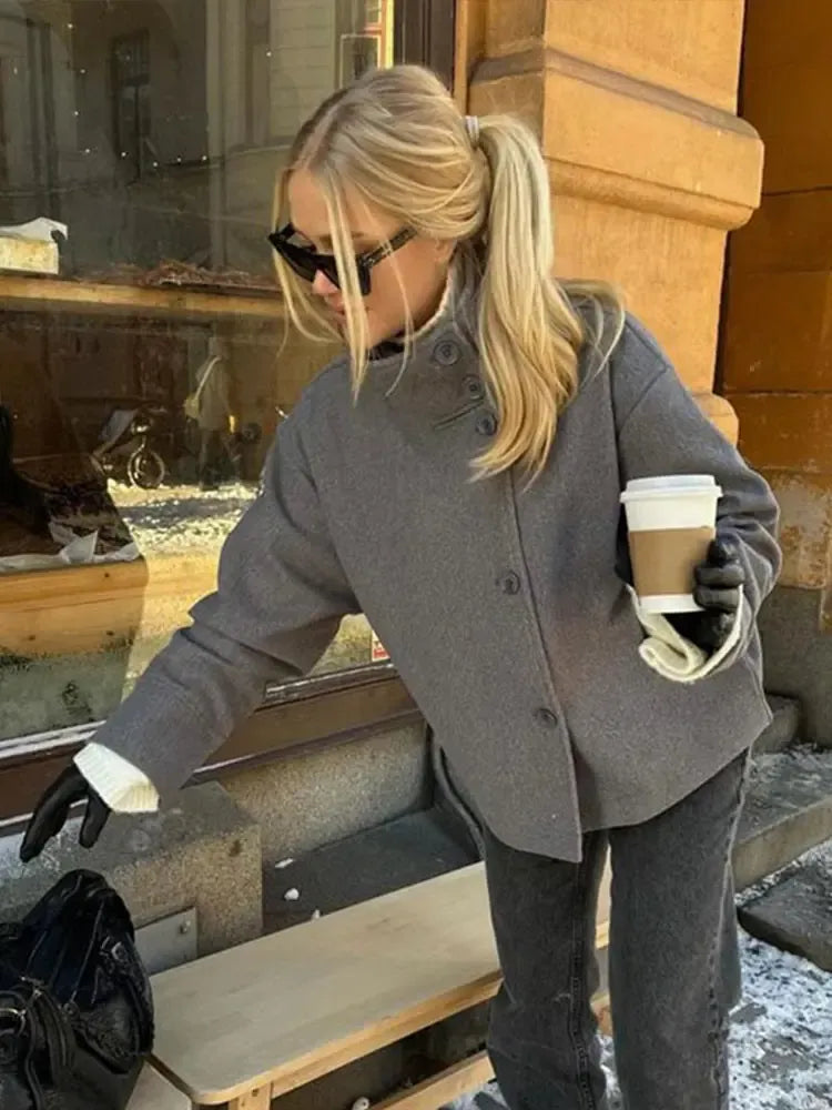 Jacket Women - Asymmetric Button Jacket with Turn Back Cuffs