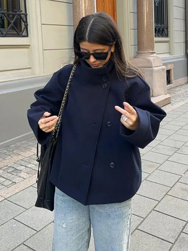 Jacket Women - Asymmetric Button Jacket with Turn Back Cuffs