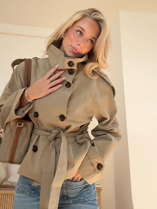 Jacket Women - Belted Trench Jacket with Double Breasted Front
