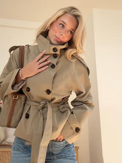 Jacket Women - Belted Trench Jacket with Double Breasted Front