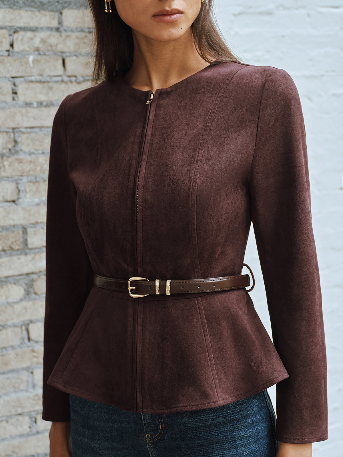 Jacket Women - Brushed Finish Zip Jacket with Belted Waist and Peplum Hem