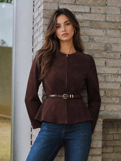 Jacket Women - Brushed Finish Zip Jacket with Belted Waist and Peplum Hem