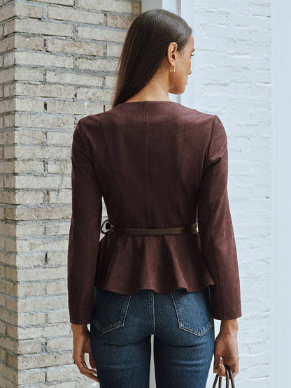 Jacket Women - Brushed Finish Zip Jacket with Belted Waist and Peplum Hem