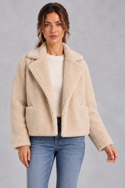 Jacket Women - Cropped Teddy Jacket with Notched Lapels and Patch Pockets