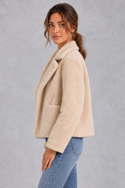 Jacket Women - Cropped Teddy Jacket with Notched Lapels and Patch Pockets