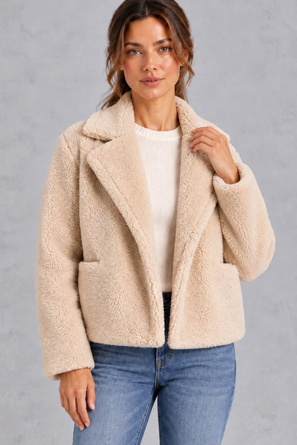 Jacket Women - Cropped Teddy Jacket with Notched Lapels and Patch Pockets