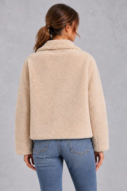 Jacket Women - Cropped Teddy Jacket with Notched Lapels and Patch Pockets