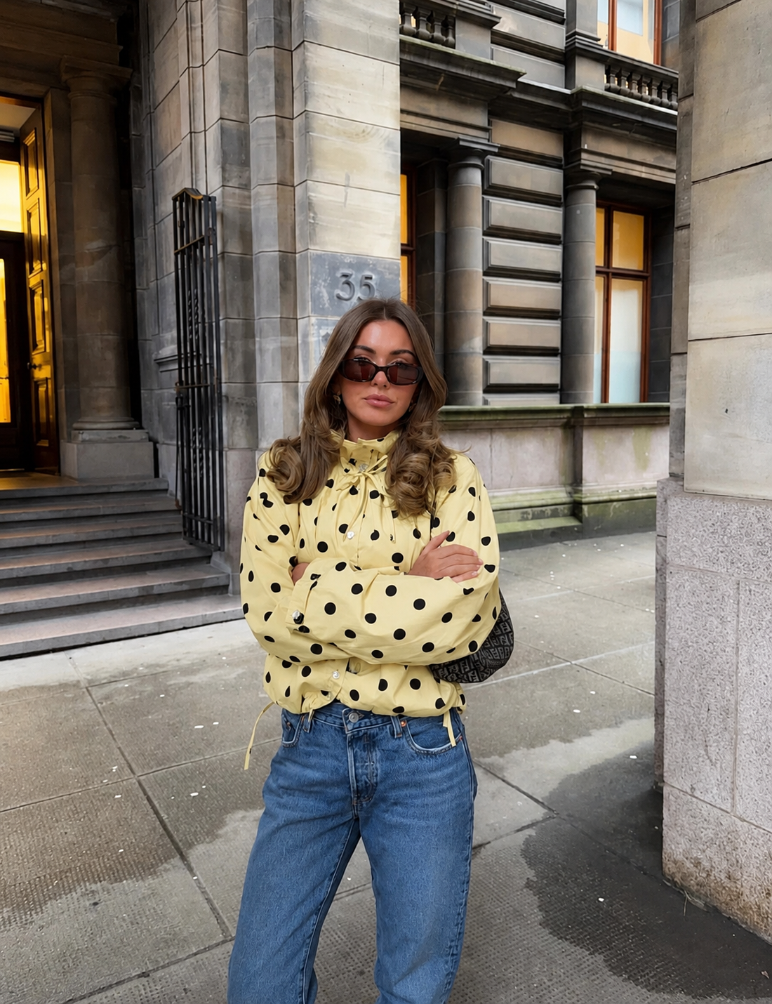 Jacket Women - Polka Dot Jacket with Puff Sleeves and Drawstring Hem