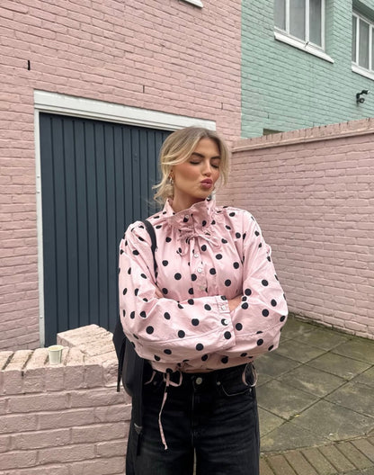 Jacket Women - Polka Dot Jacket with Puff Sleeves and Drawstring Hem