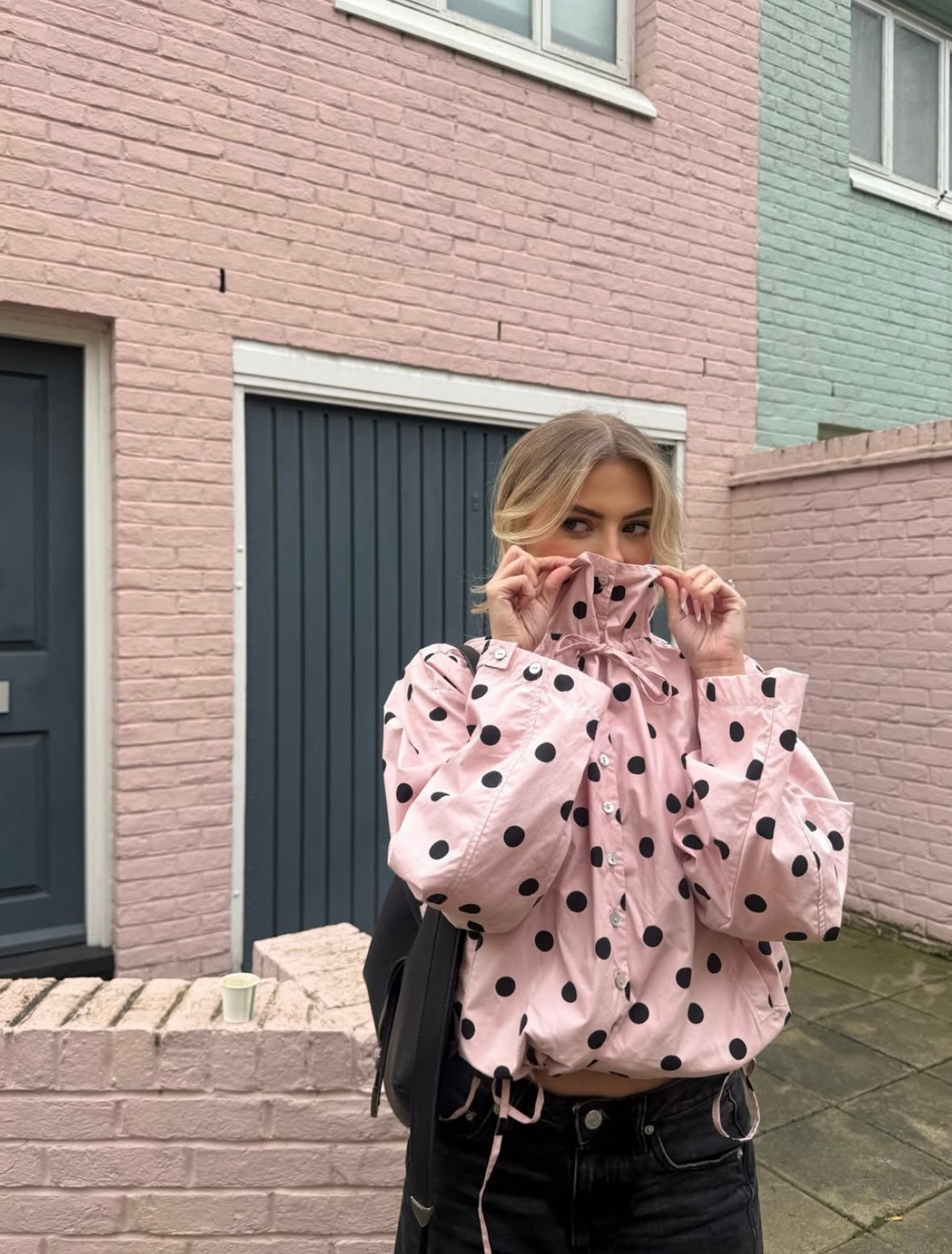 Jacket Women - Polka Dot Jacket with Puff Sleeves and Drawstring Hem