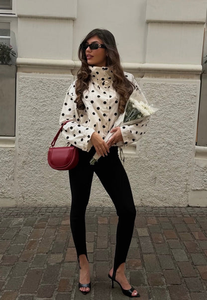 Jacket Women - Polka Dot Jacket with Puff Sleeves and Drawstring Hem
