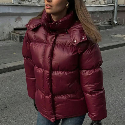 Jacket Women - Quilted Puffer Jacket with Attached Hood and Padding