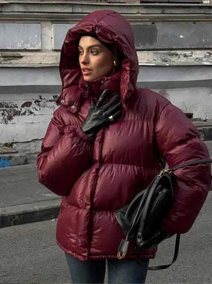Jacket Women - Quilted Puffer Jacket with Attached Hood and Padding