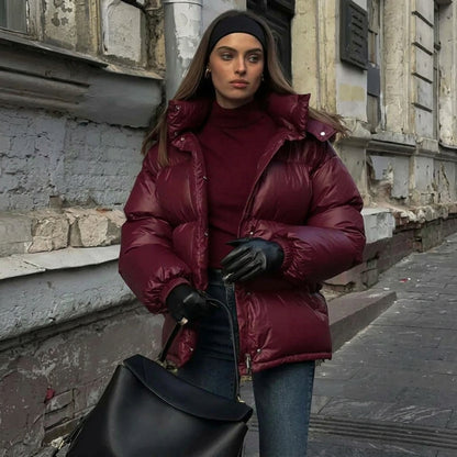 Jacket Women - Quilted Puffer Jacket with Attached Hood and Padding