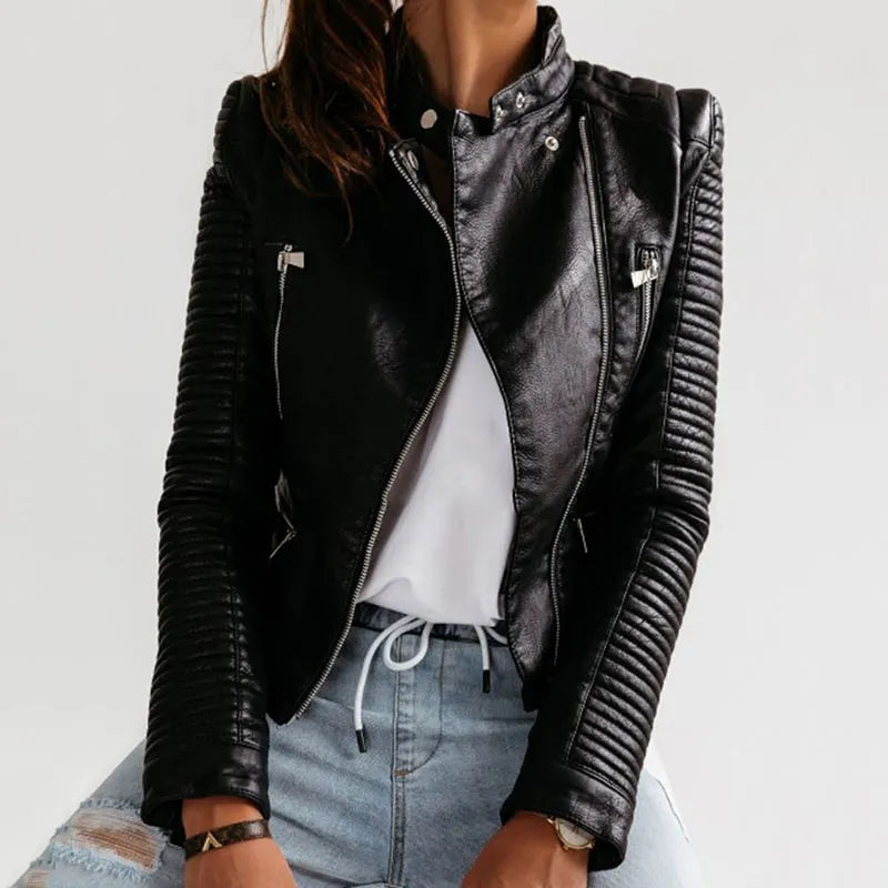 Jacket Women - Quilted Sleeve Biker with Asymmetric Zip Front