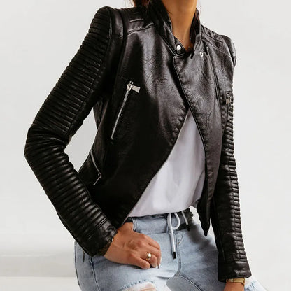 Jacket Women - Quilted Sleeve Biker with Asymmetric Zip Front