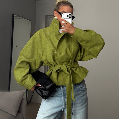 Jacket Women - Textured Belted Jacket with High Neck and Snap Front