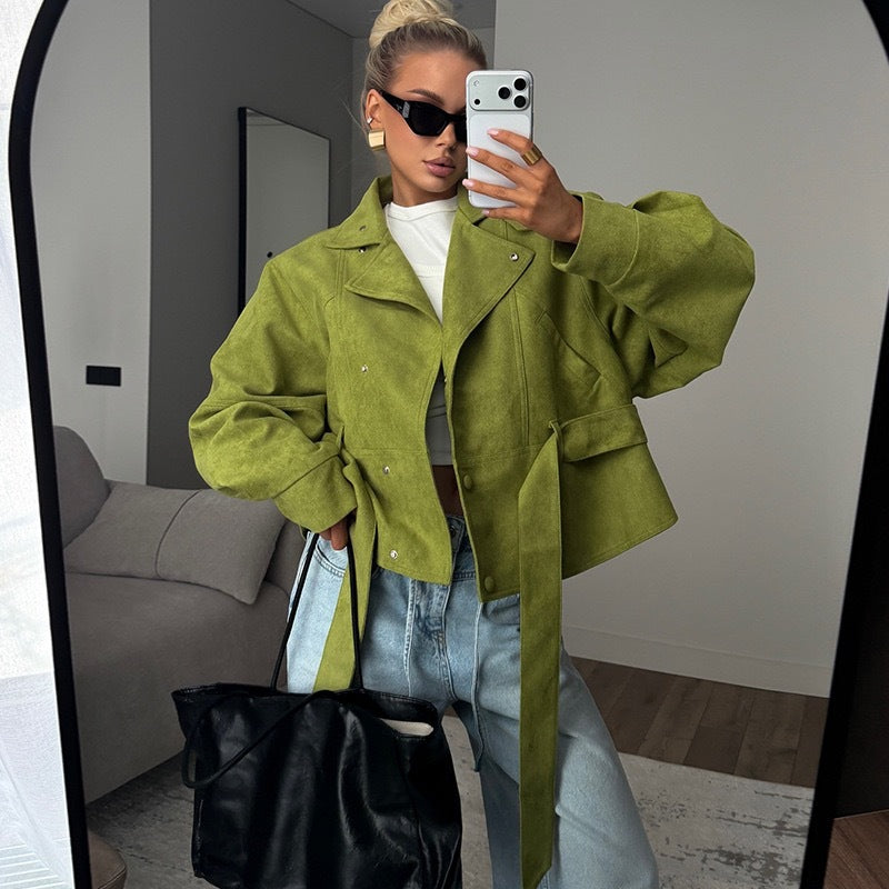 Jacket Women - Textured Belted Jacket with High Neck and Snap Front