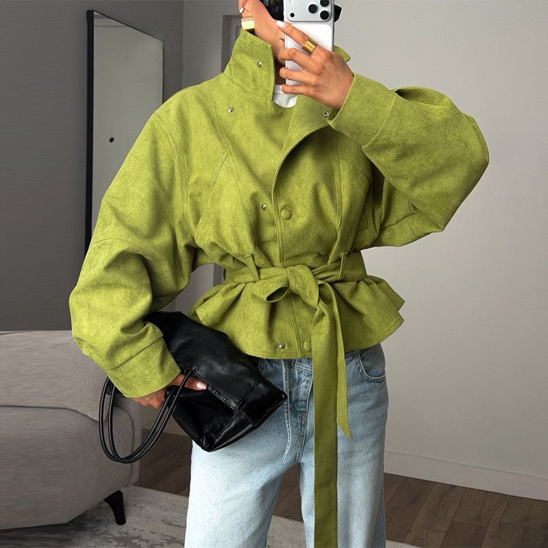 Jacket Women - Textured Belted Jacket with High Neck and Snap Front