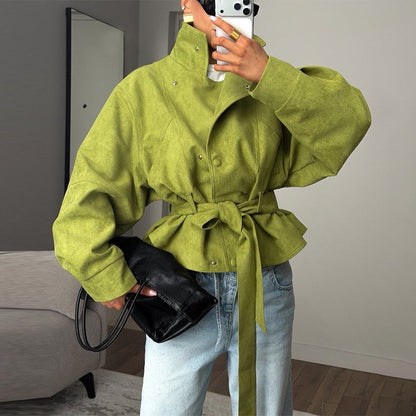 Jacket Women - Textured Belted Jacket with High Neck and Snap Front