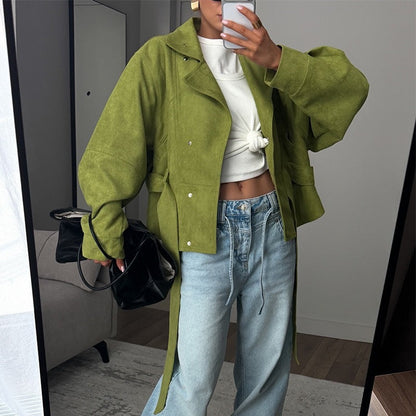 Jacket Women - Textured Belted Jacket with High Neck and Snap Front