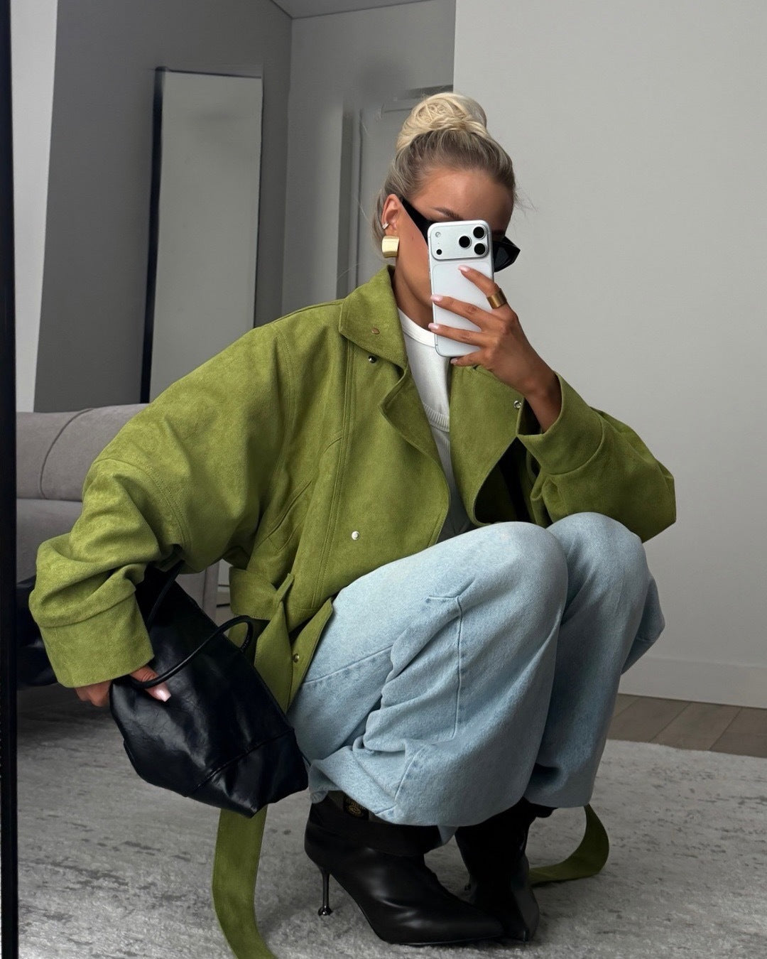 Jacket Women - Textured Belted Jacket with High Neck and Snap Front