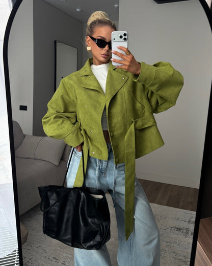 Jacket Women - Textured Belted Jacket with High Neck and Snap Front