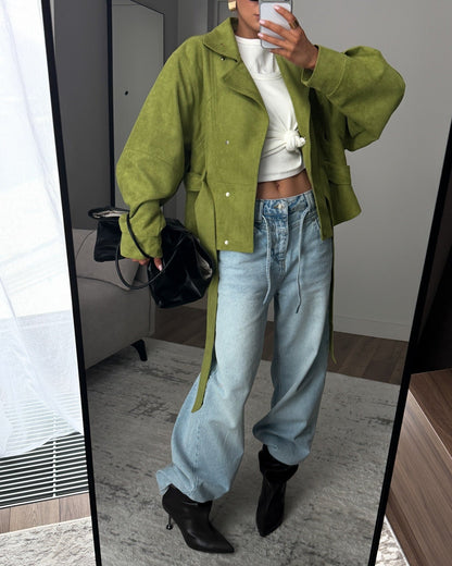Jacket Women - Textured Belted Jacket with High Neck and Snap Front