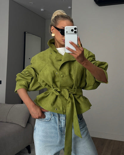 Jacket Women - Textured Belted Jacket with High Neck and Snap Front