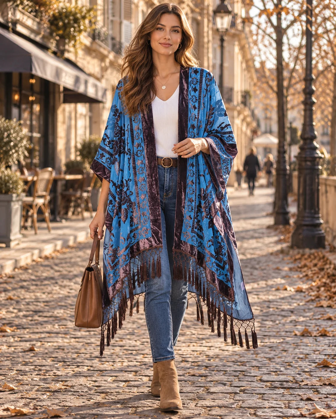 Kimono Women - Velvet Floral Robe with Pompom Fringe