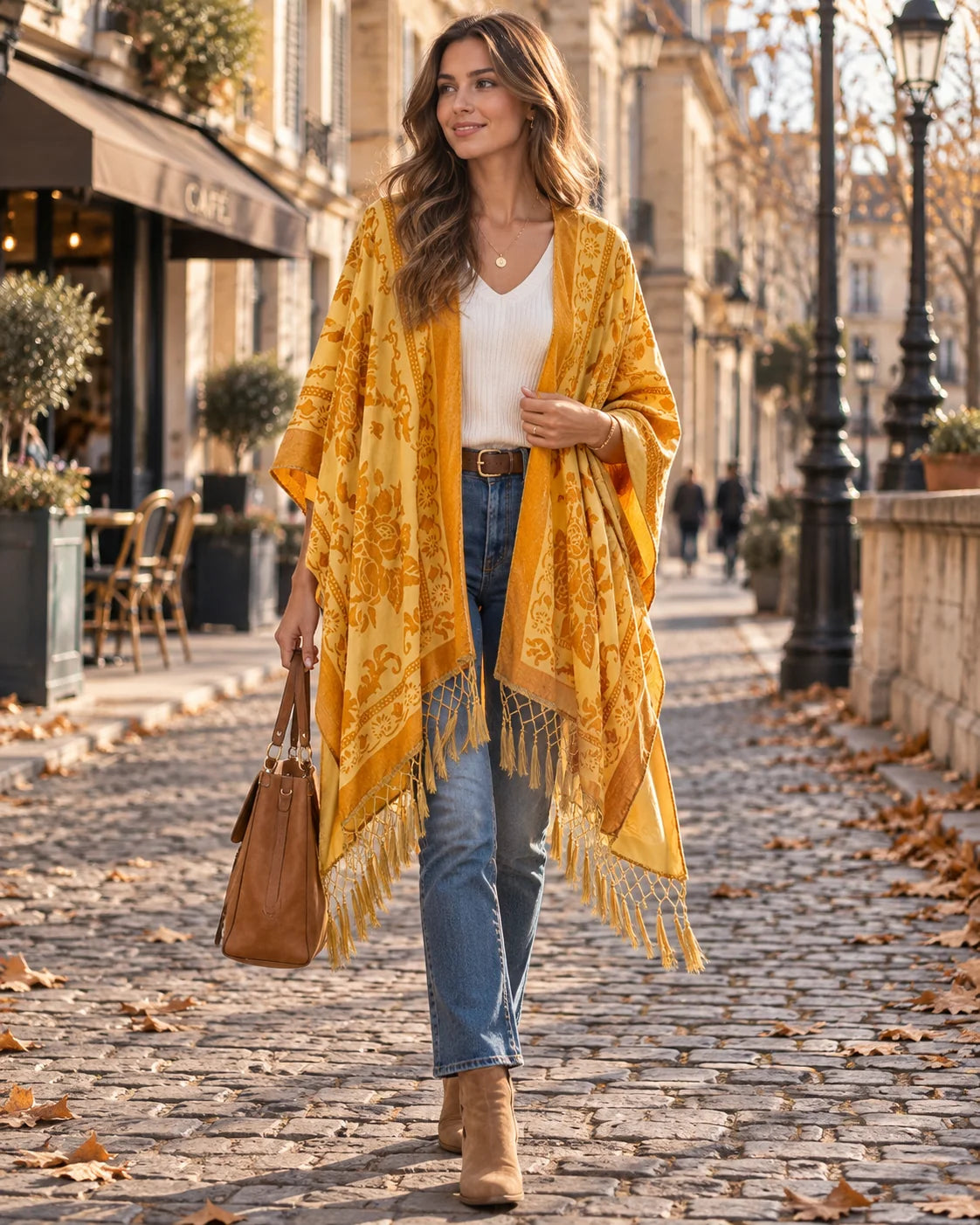 Kimono Women - Velvet Floral Robe with Pompom Fringe