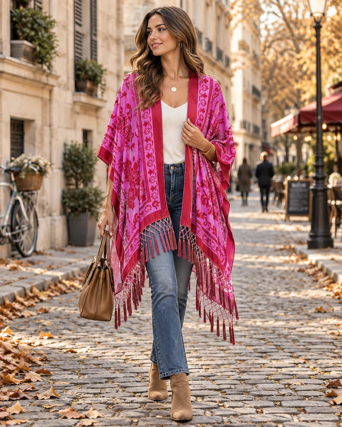 Kimono Women - Velvet Floral Robe with Pompom Fringe