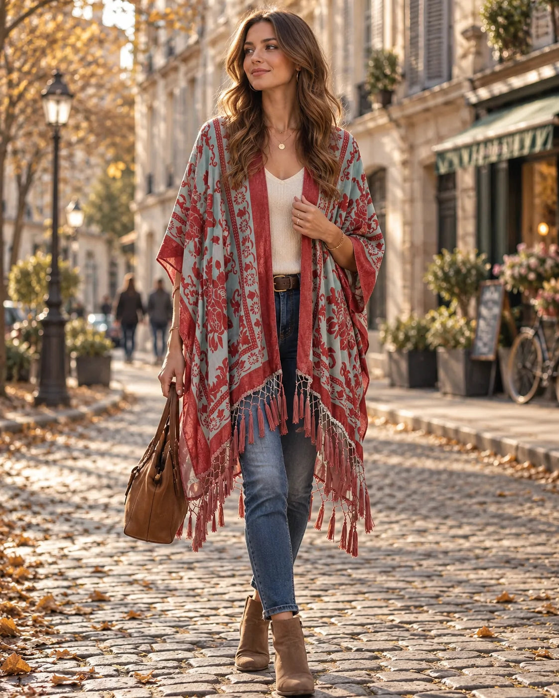 Kimono Women - Velvet Floral Robe with Pompom Fringe