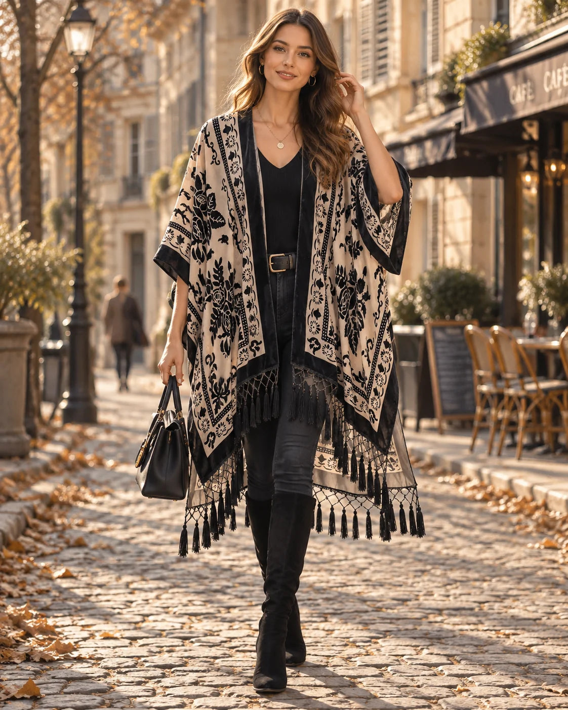 Kimono Women - Velvet Floral Robe with Pompom Fringe