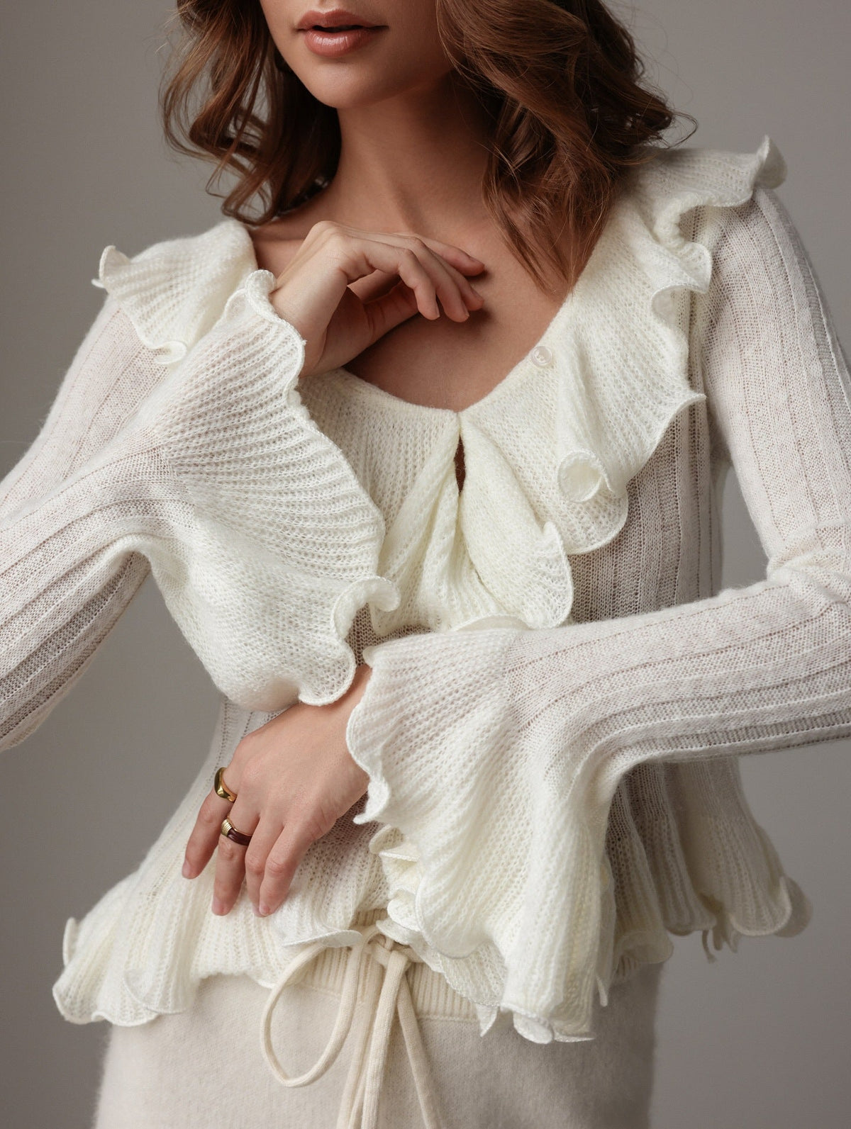 Knit Top Women - Ruffle Trim Knit Top with Scoop Neck and Button Front