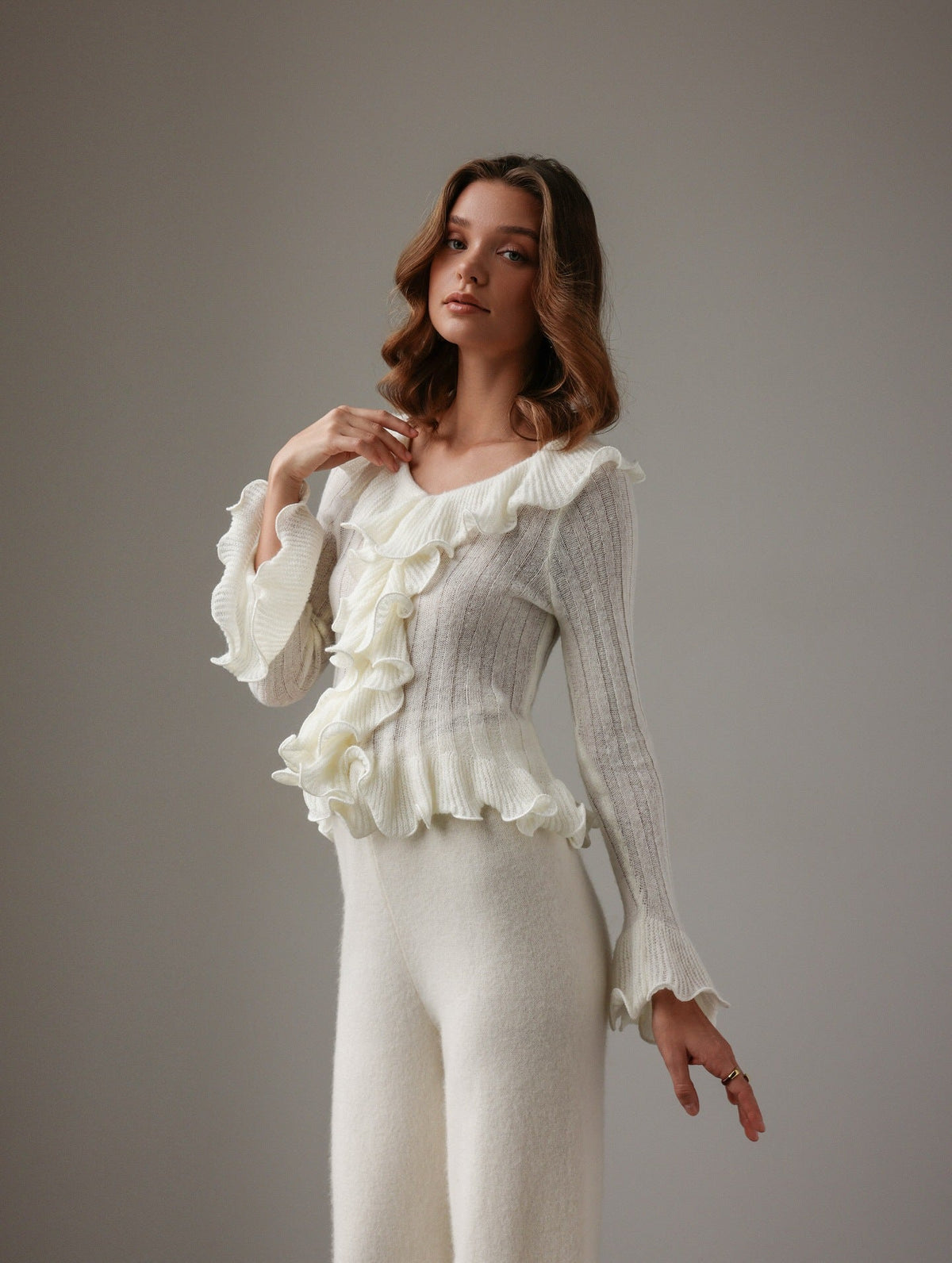 Knit Top Women - Ruffle Trim Knit Top with Scoop Neck and Button Front