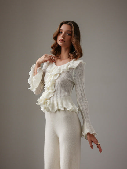 Knit Top Women - Ruffle Trim Knit Top with Scoop Neck and Button Front