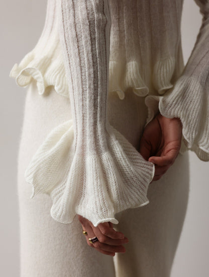 Knit Top Women - Ruffle Trim Knit Top with Scoop Neck and Button Front