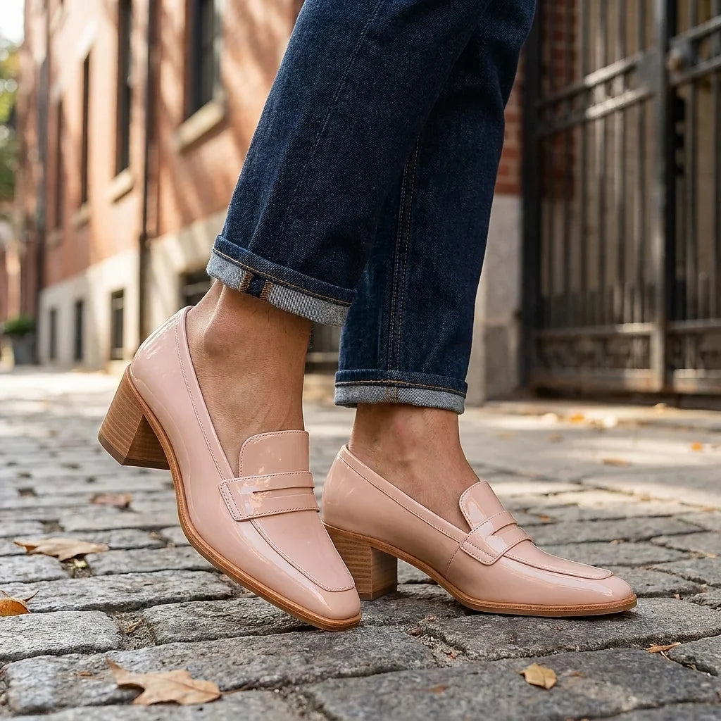 Loafers Women - Block Heel Slip-On with Rounded Toe