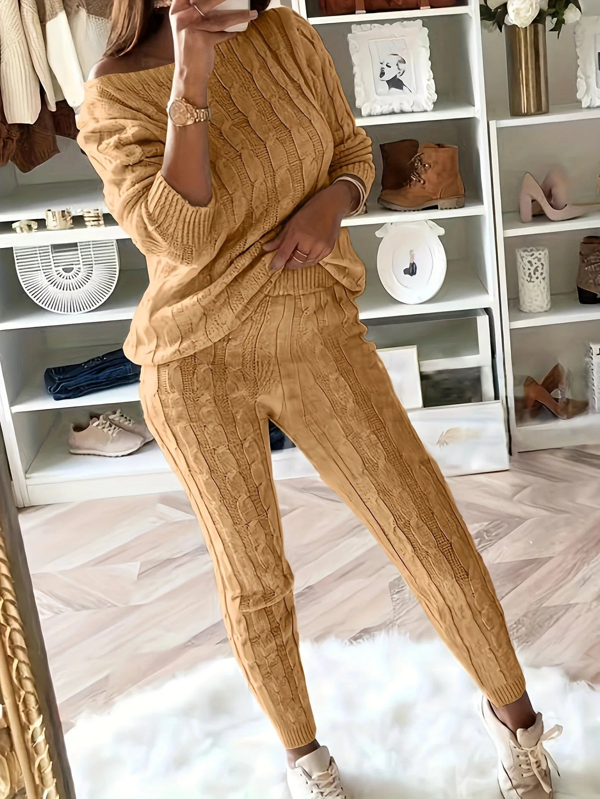 Loungewear Set Women - Cable Knit Jumper with Off-Shoulder