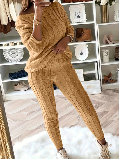 Loungewear Set Women - Cable Knit Jumper with Off-Shoulder