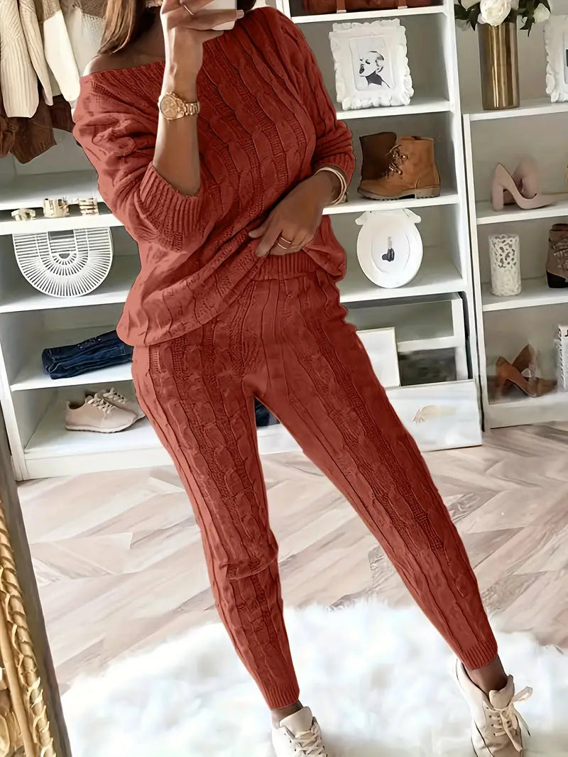 Loungewear Set Women - Cable Knit Jumper with Off-Shoulder