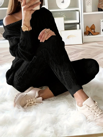 Loungewear Set Women - Cable Knit Jumper with Off-Shoulder