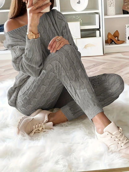 Loungewear Set Women - Cable Knit Jumper with Off-Shoulder