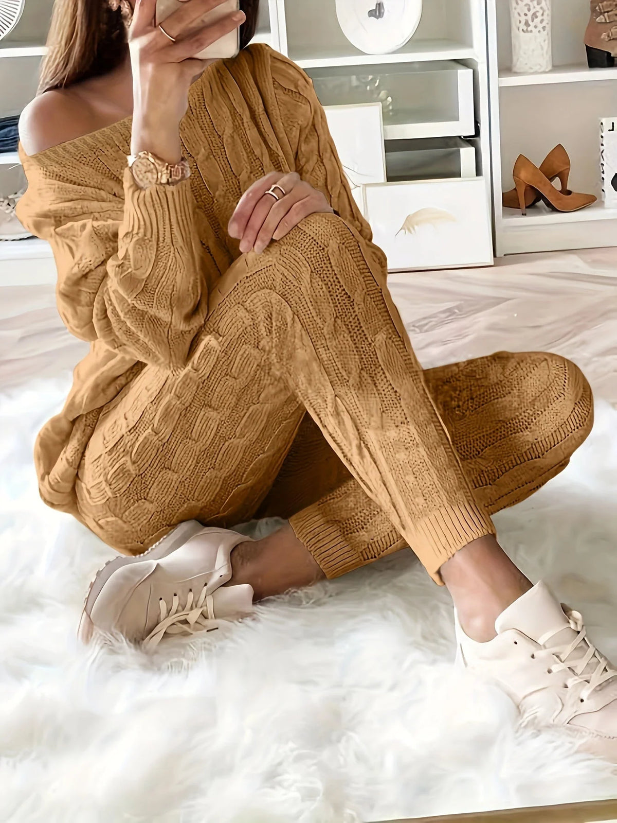 Loungewear Set Women - Cable Knit Jumper with Off-Shoulder