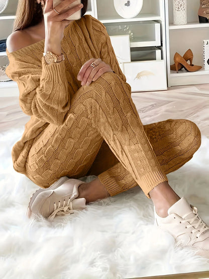 Loungewear Set Women - Cable Knit Jumper with Off-Shoulder